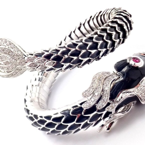 Authentic! Roberto Coin Nemo 18k White Gold Diamond Ruby Enamel Cuff Bracelet - Picture 7 of 12